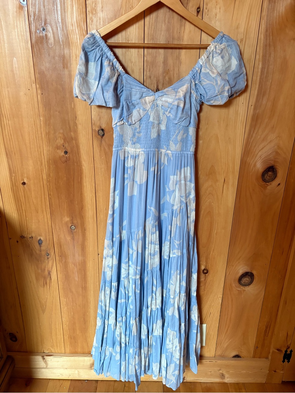 Free People Sky Blue & Cream Floral Off-Shoulder Maxi Dress